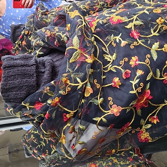 Sheer black scarf / wrap with vibrant embroidered pattern. OS. Red, yellow green - Picture 5 of 9